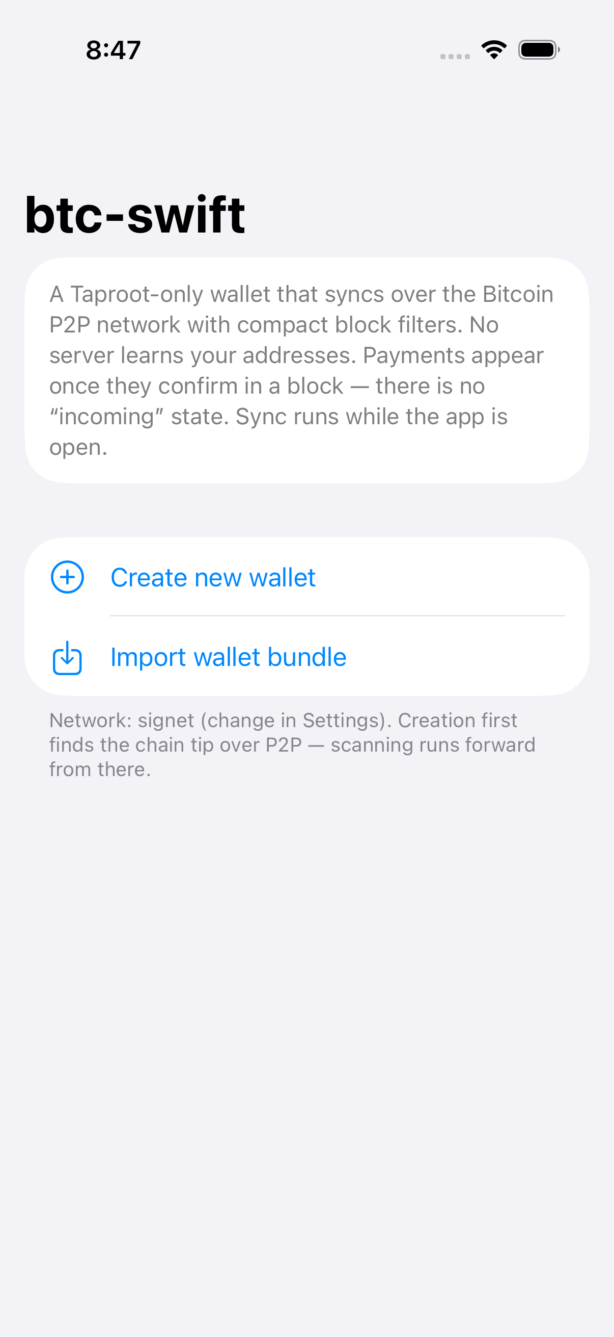 btc-swift onboarding on signet: create or import a wallet