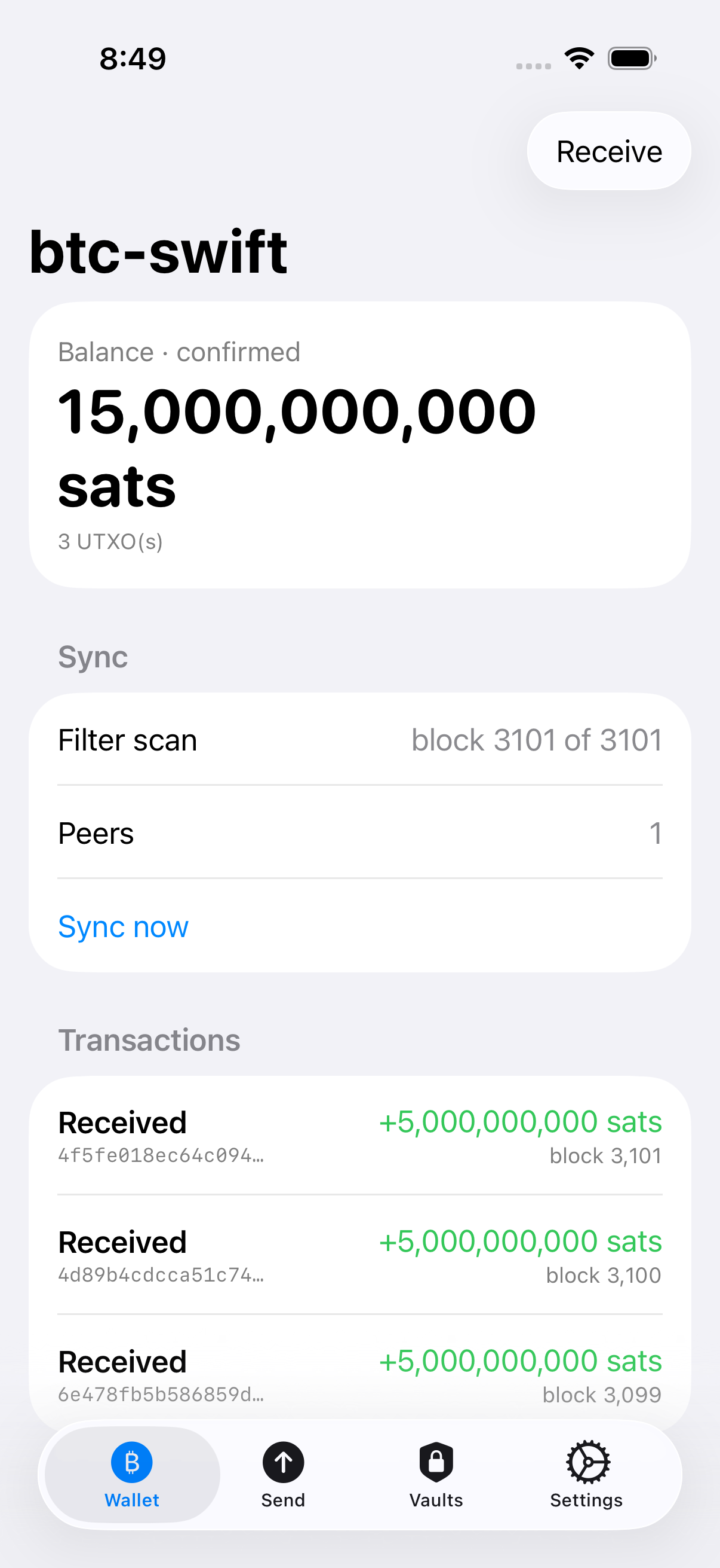 btc-swift home screen captured on signet: confirmed balance, filter-scan sync status, and two confirmed received transactions
