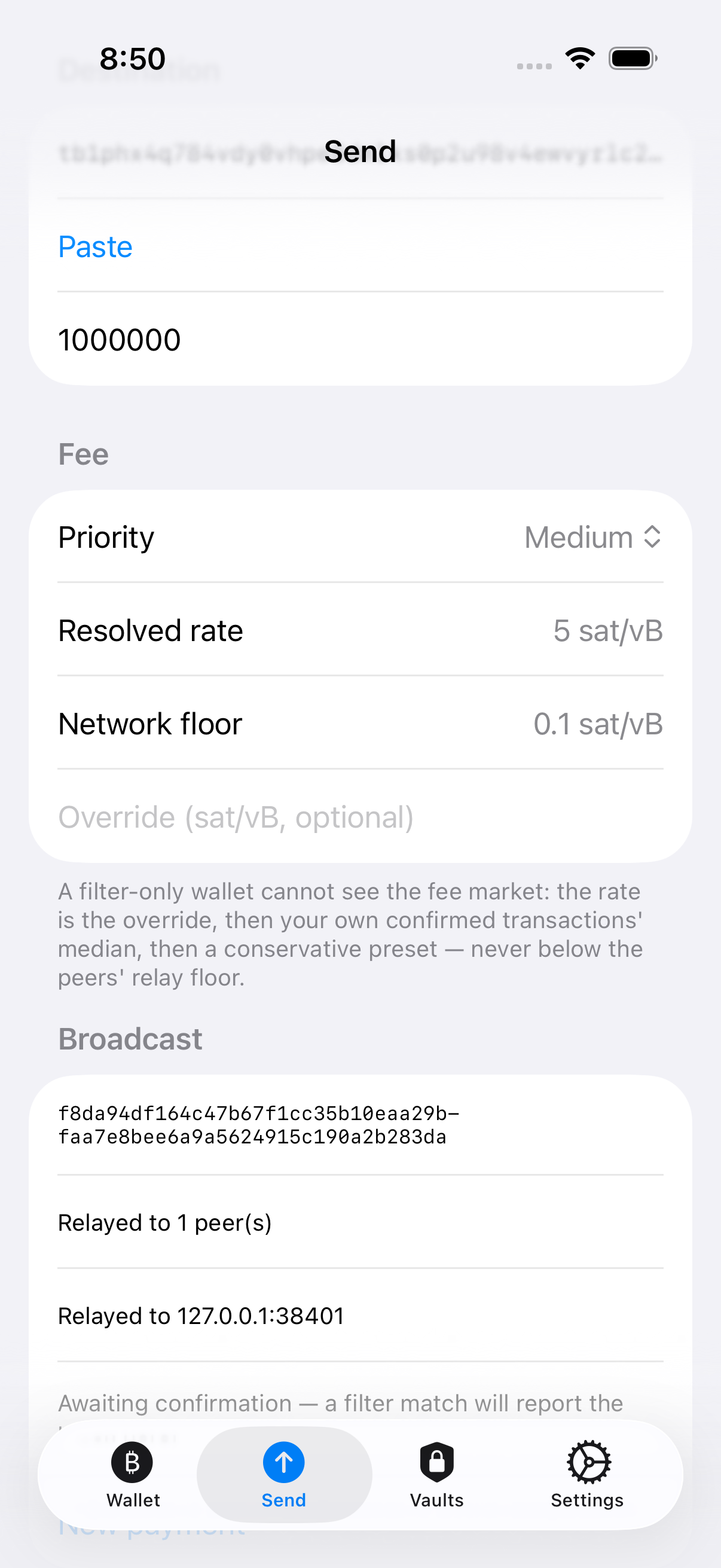btc-swift send status captured on signet: transaction broadcast, relayed to a peer, awaiting confirmation
