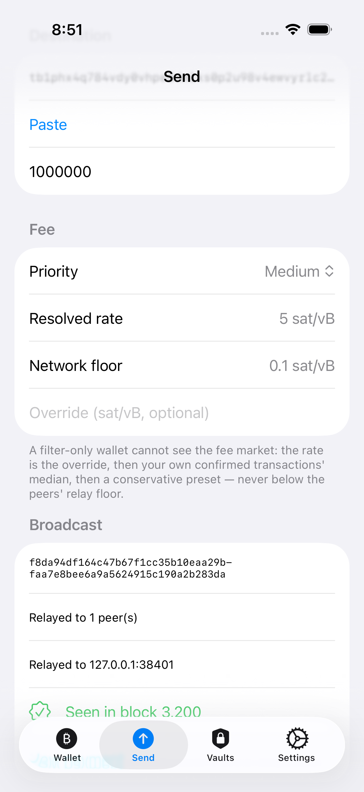 btc-swift send status captured on signet: seen in a block