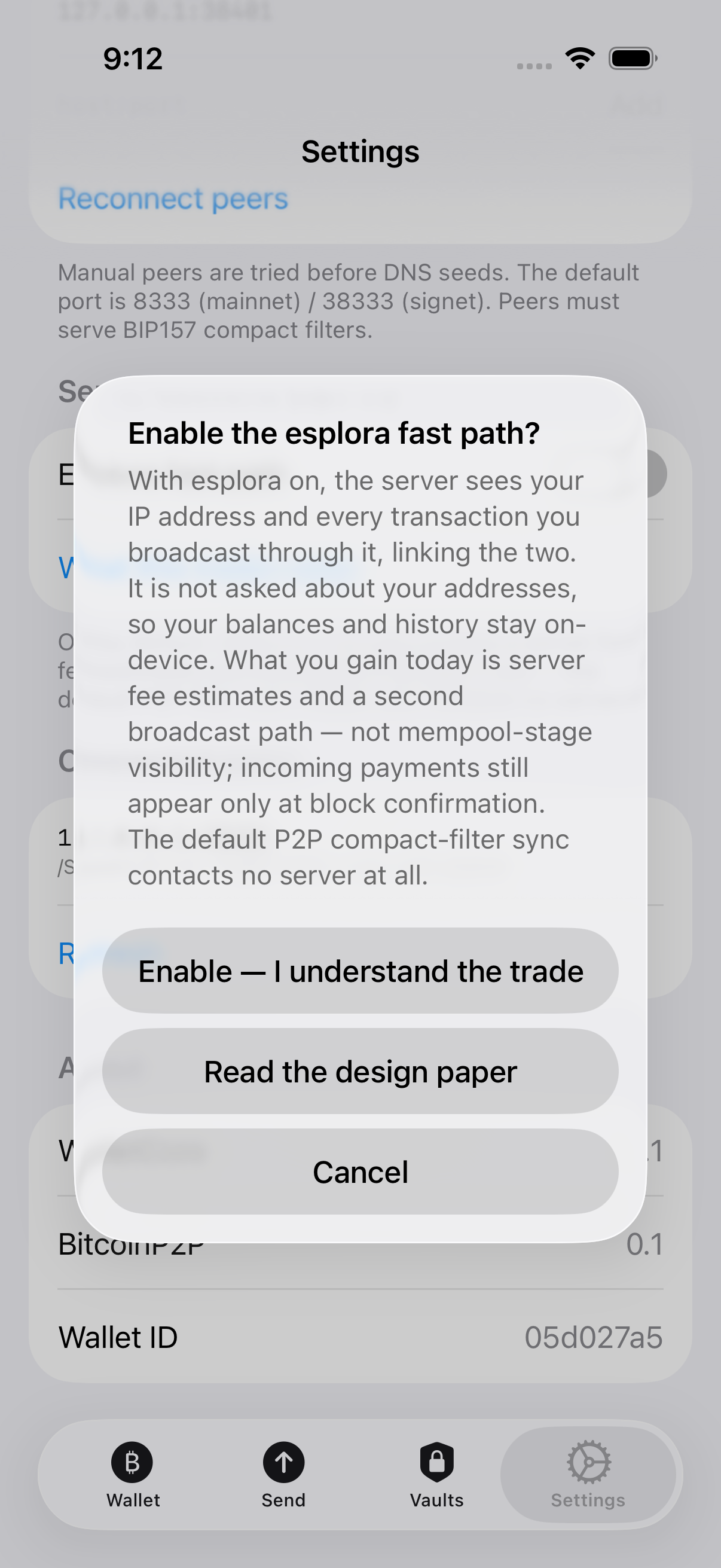 btc-swift esplora opt-in warning captured on signet, naming exactly what the server backend learns