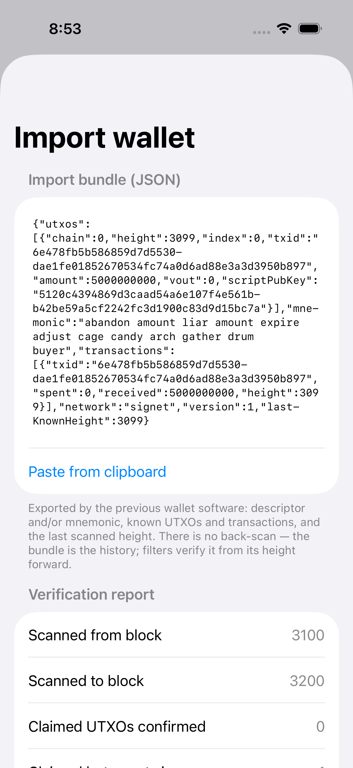 btc-swift import verification report captured on signet: bundle verified by forward filter scan